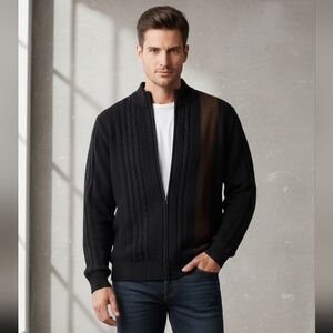 Tagio Cable Knit Cardigan Zip Sweater, Wool Suede Black/ Brown, Men's XL